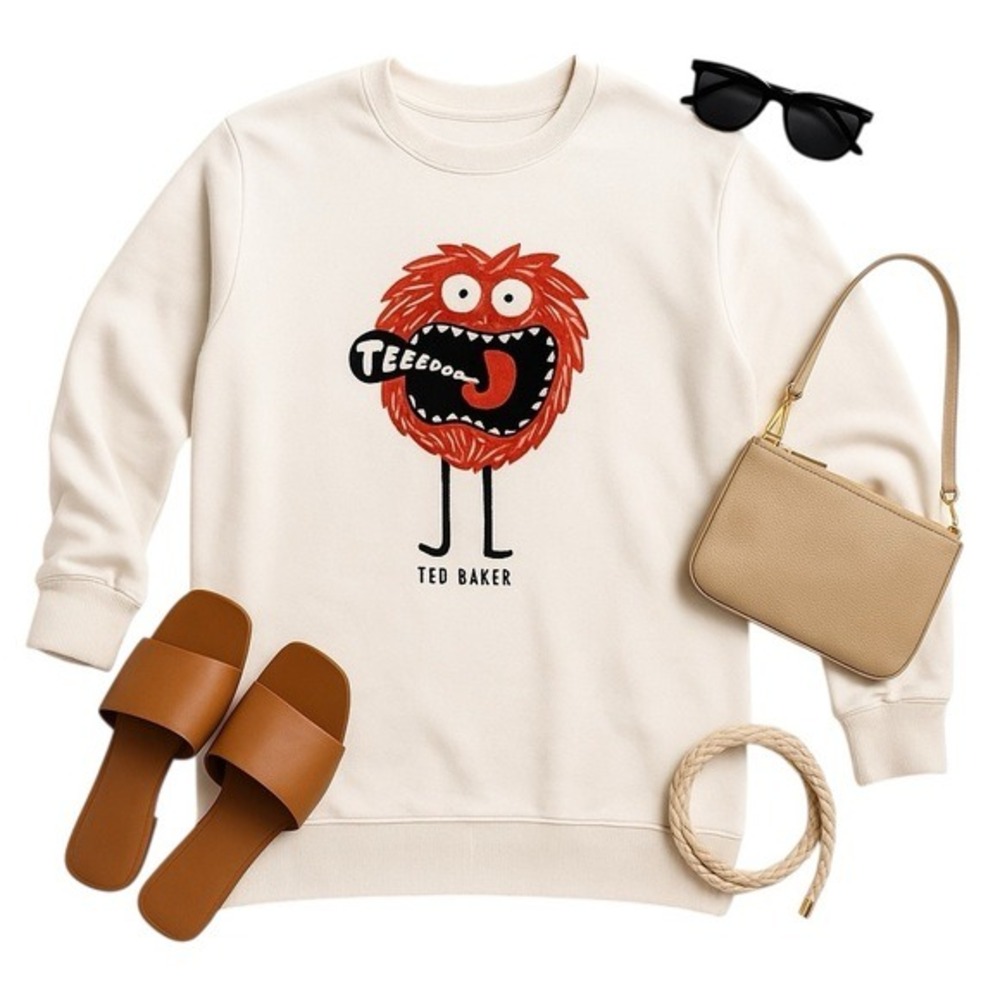 Ted Baker Cream Monster Graphic Sweatshirt Cotton Crewneck Embroidered Size 2 - Picture 4 of 15